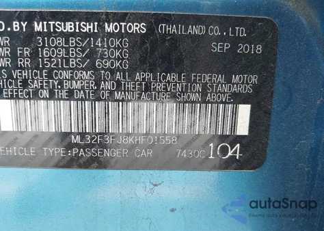 2019 Mitsubishi Mirage G4 Es z USA, uszkodzony, nr VIN ML32F3FJ8KHF01558